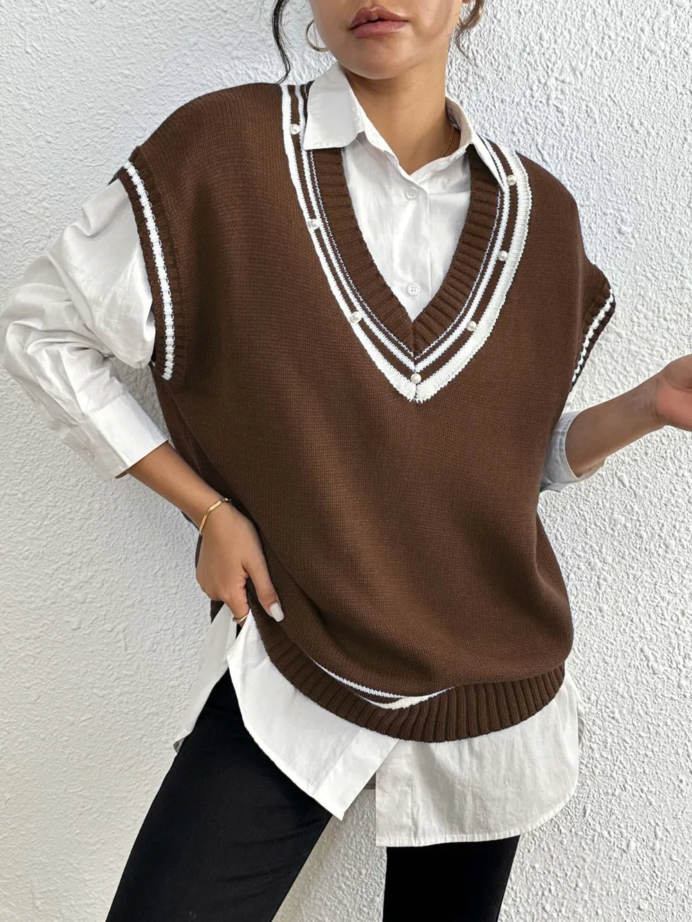 Pearl Trim Contrast V Neck Sweater Vest in Brown on model