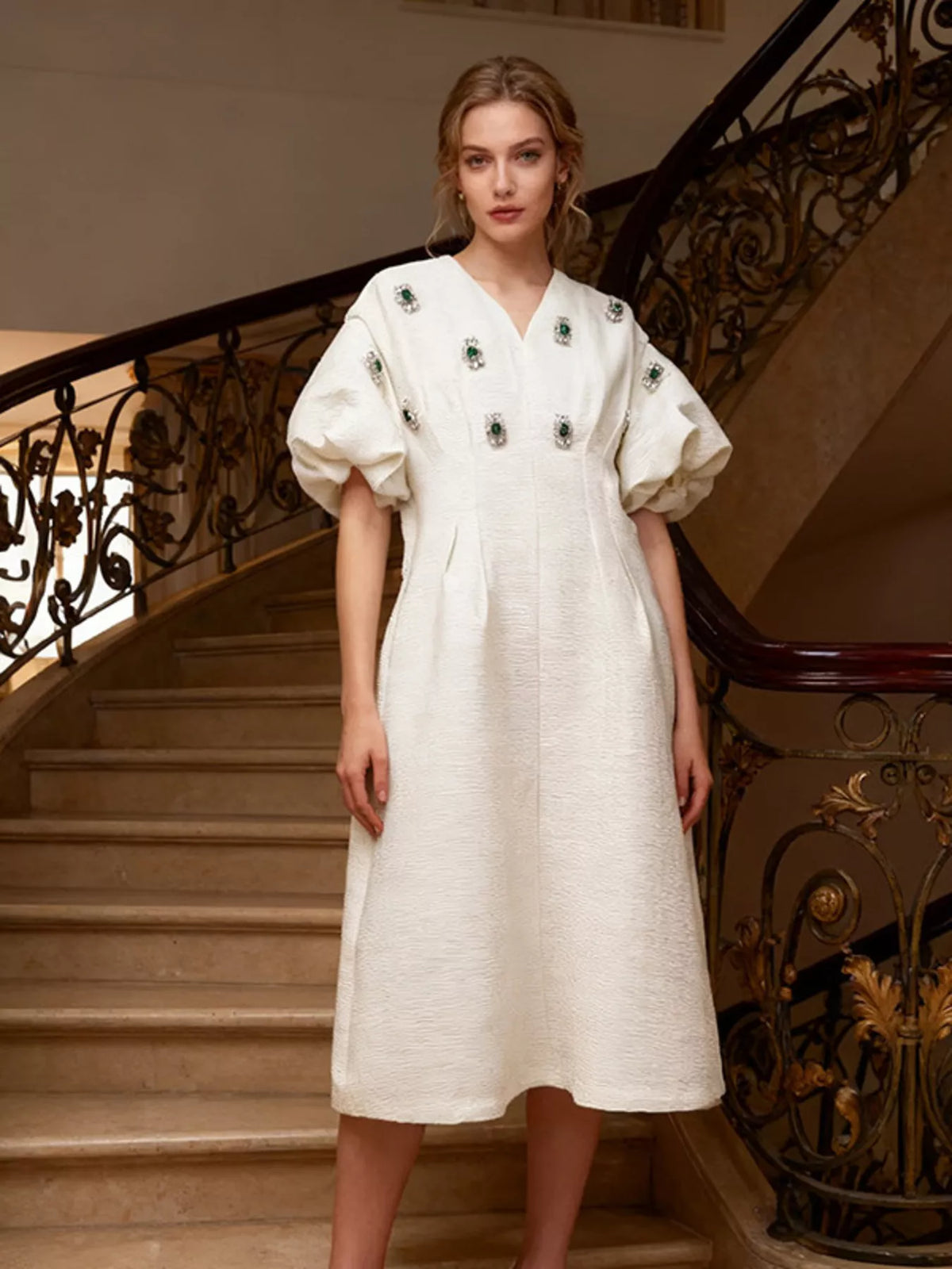 Embellished puff sleeve midi dress styled outfit