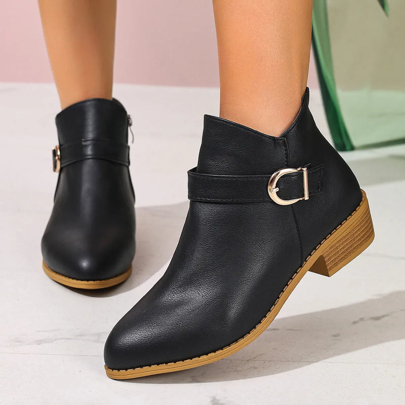 Point toe block heel boots front view
