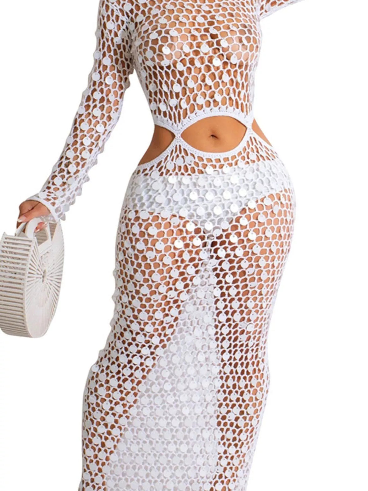 Sequin mesh cutout maxi dress close up view