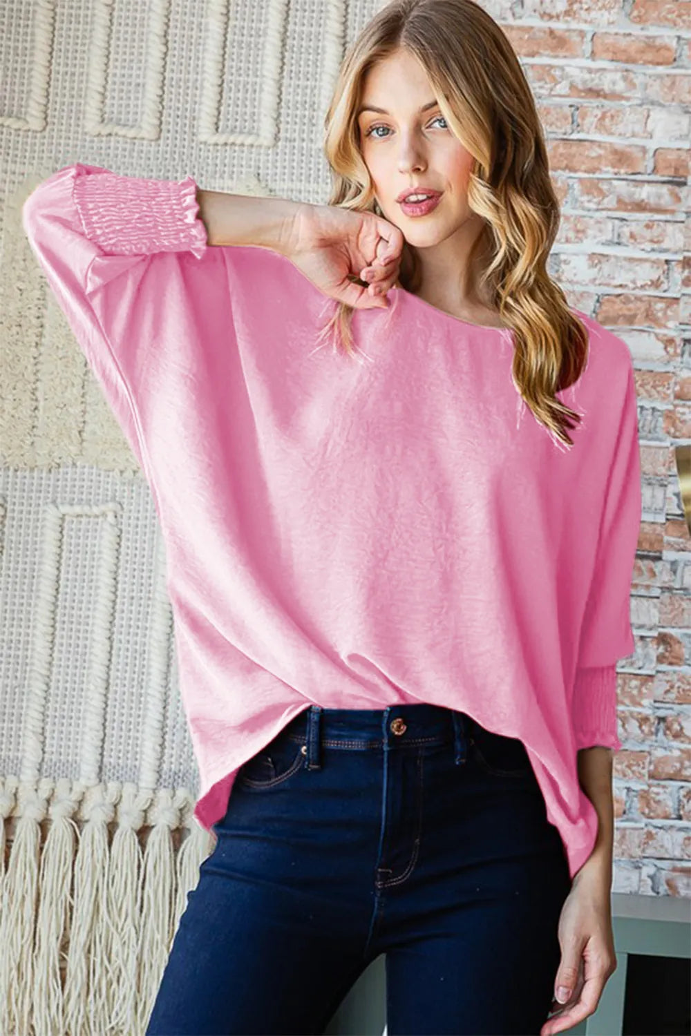 Reborn J Texture Round Neck Smocked Half Sleeve Top - Fashorio