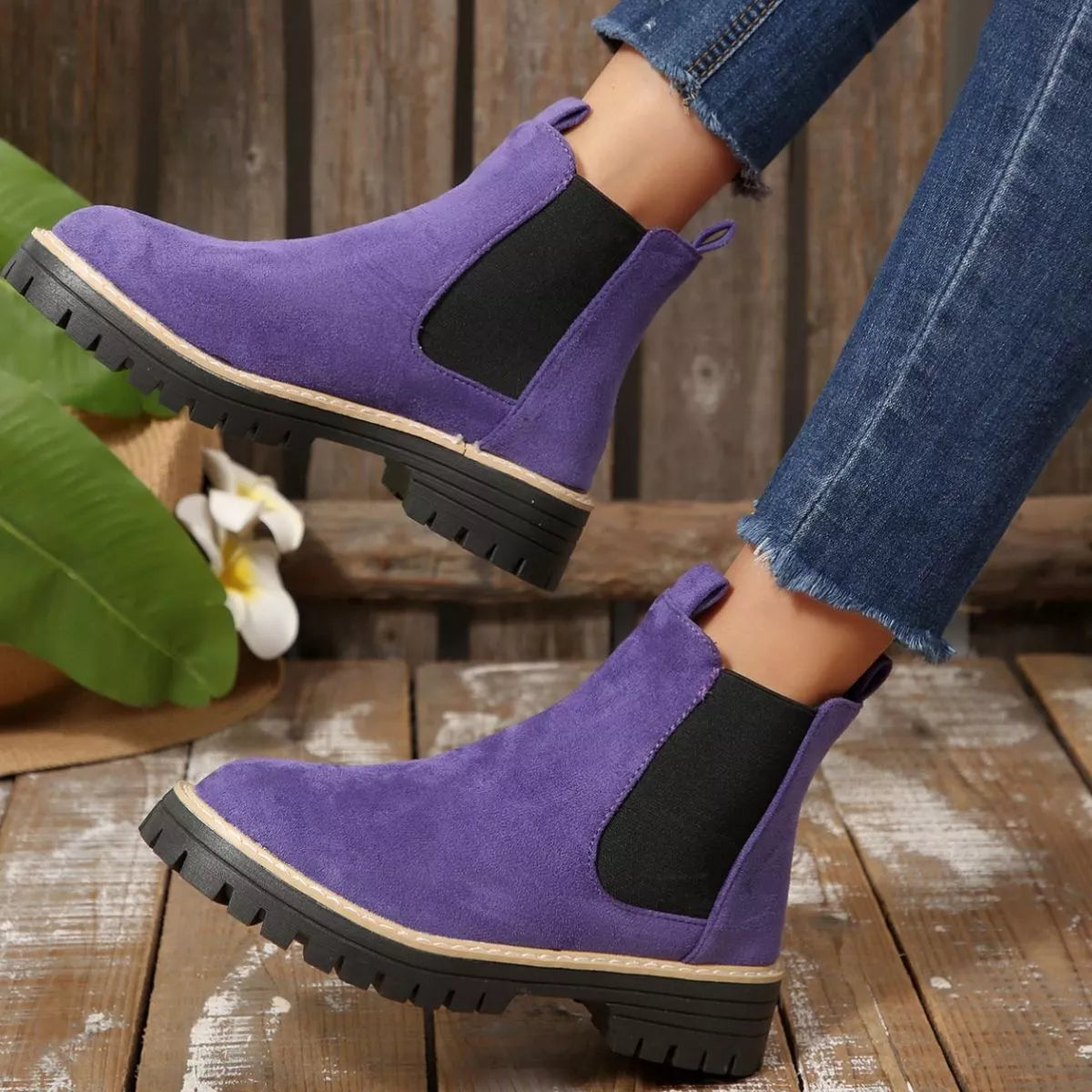 Round Toe Block Heel Boots styled with a dress