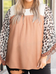 Plus Size Leopard Ruffle Trim Long Sleeve Blouse Watermelon pink - Fashorio