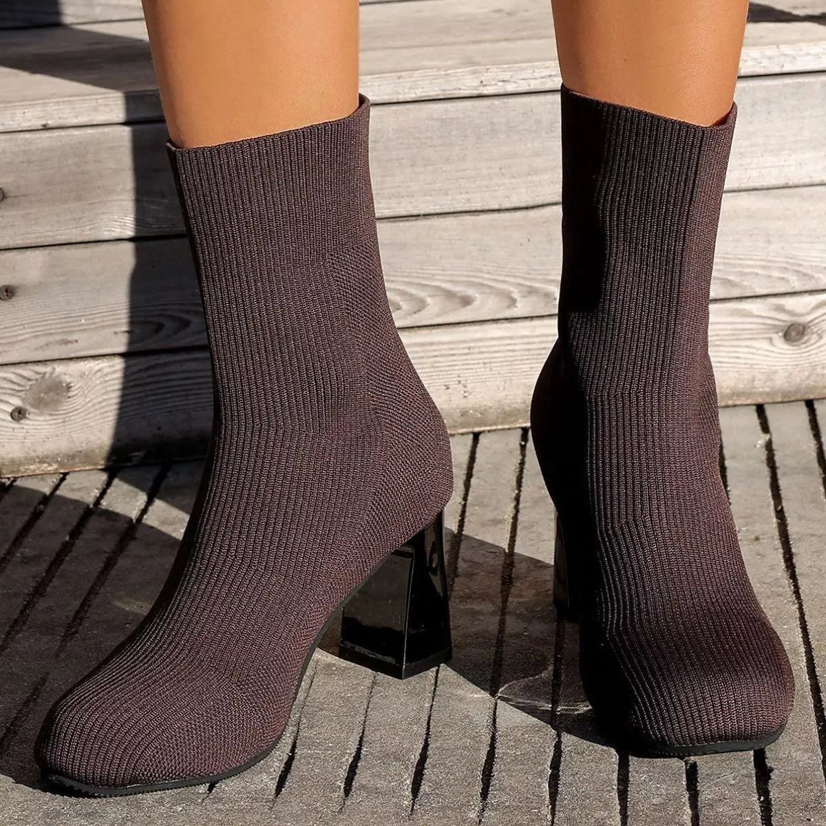 Round Toe Mesh Block Heel Boots angled three quarter view