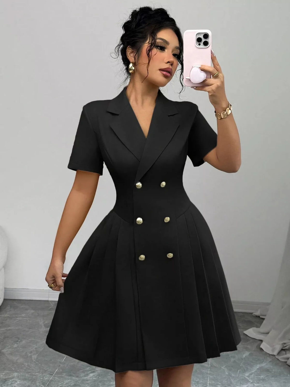 Double breasted pleated blazer dress front view