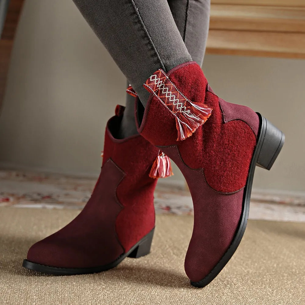 Suede Point Toe Block Heel Boots pair styled together