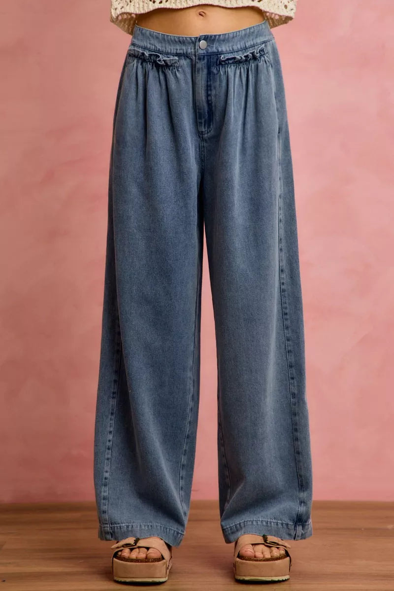 Ruffled front wide leg jeans front view