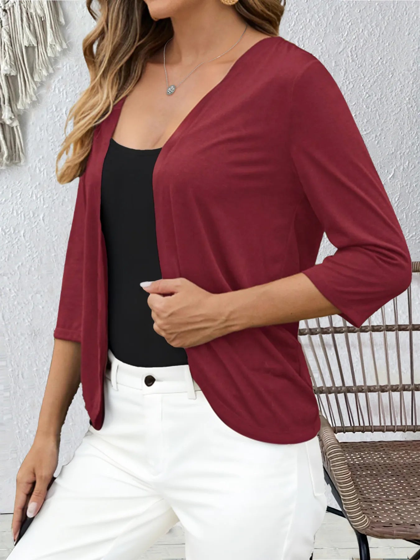 Open Front 3/4 Sleeves Cardigan - Fashorio