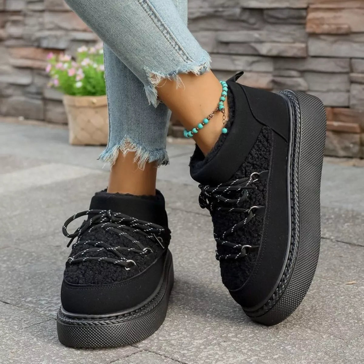 plush lined lace up platform winter boots close detail