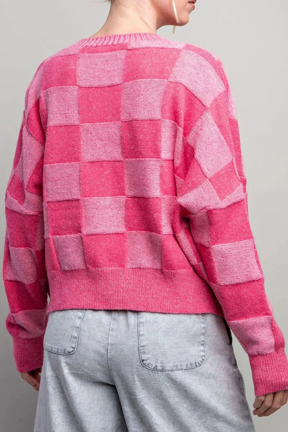 Checkered V-Neck Long Sleeve Cardigan - Fashorio