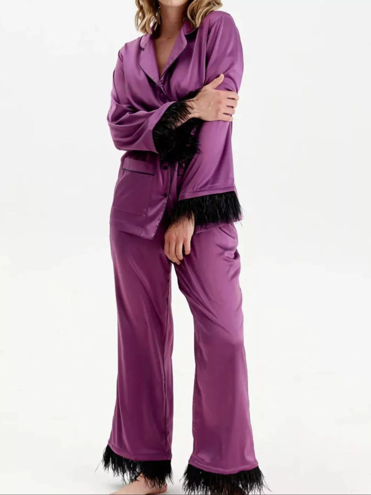 Silky button up lounge set fabric detail