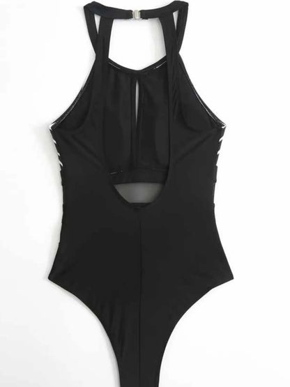 Mesh Detail Backless Striped One-Piece Swimsuit - Fashorio