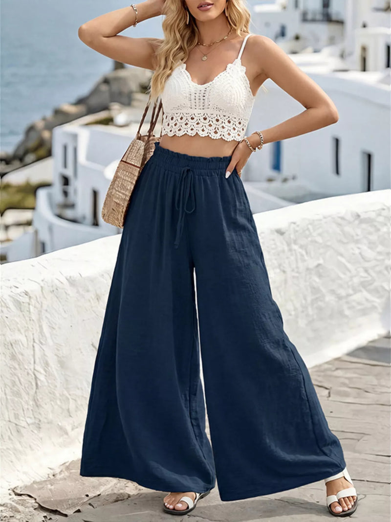Wide leg drawstring pants front view