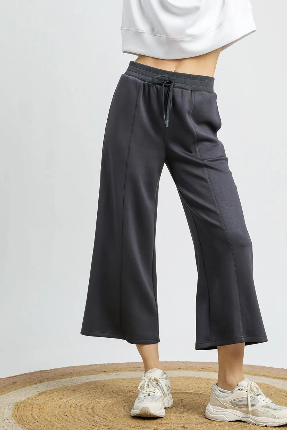 Umgee Drawstring Wide Leg Cropped Pants Dark Gray - Fashorio