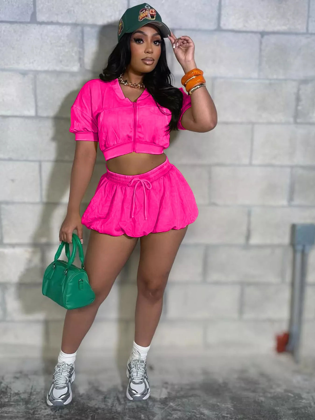 Zip up crop top and shorts set front view
