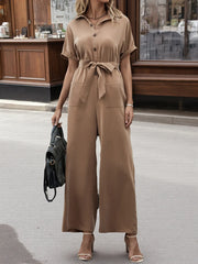 Short Sleeve Wide Leg Jumpsuit Taupe - Fashorio