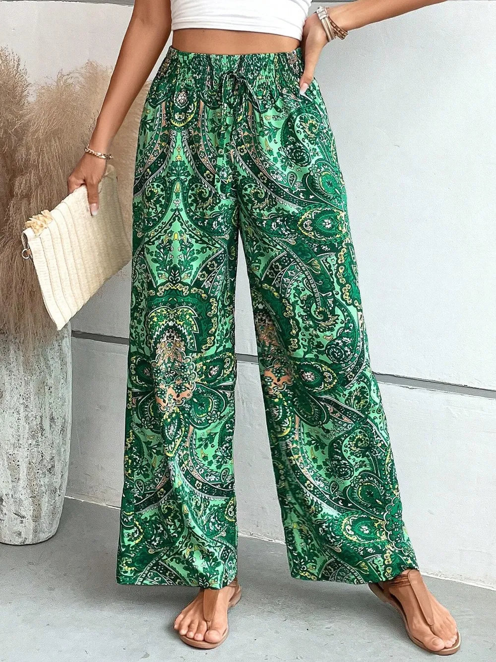 Printed tie waist wide leg pants standing pose