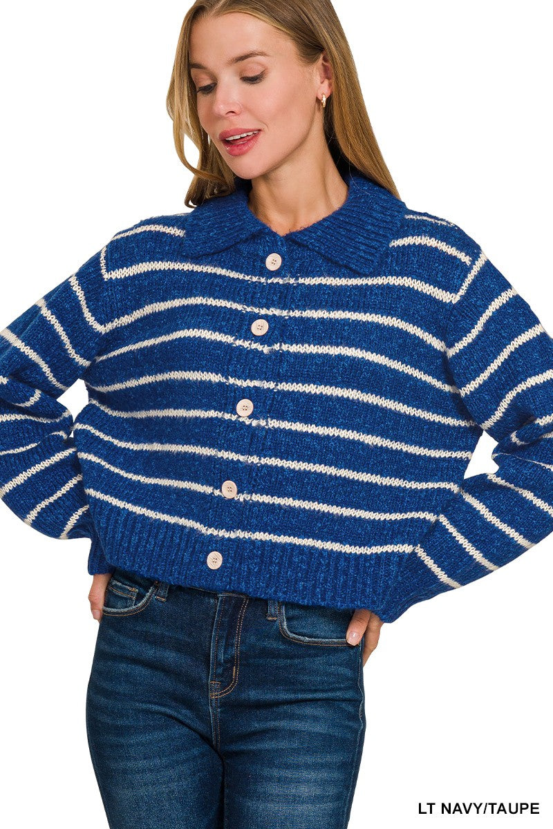 Striped collared cropped cardigan front view