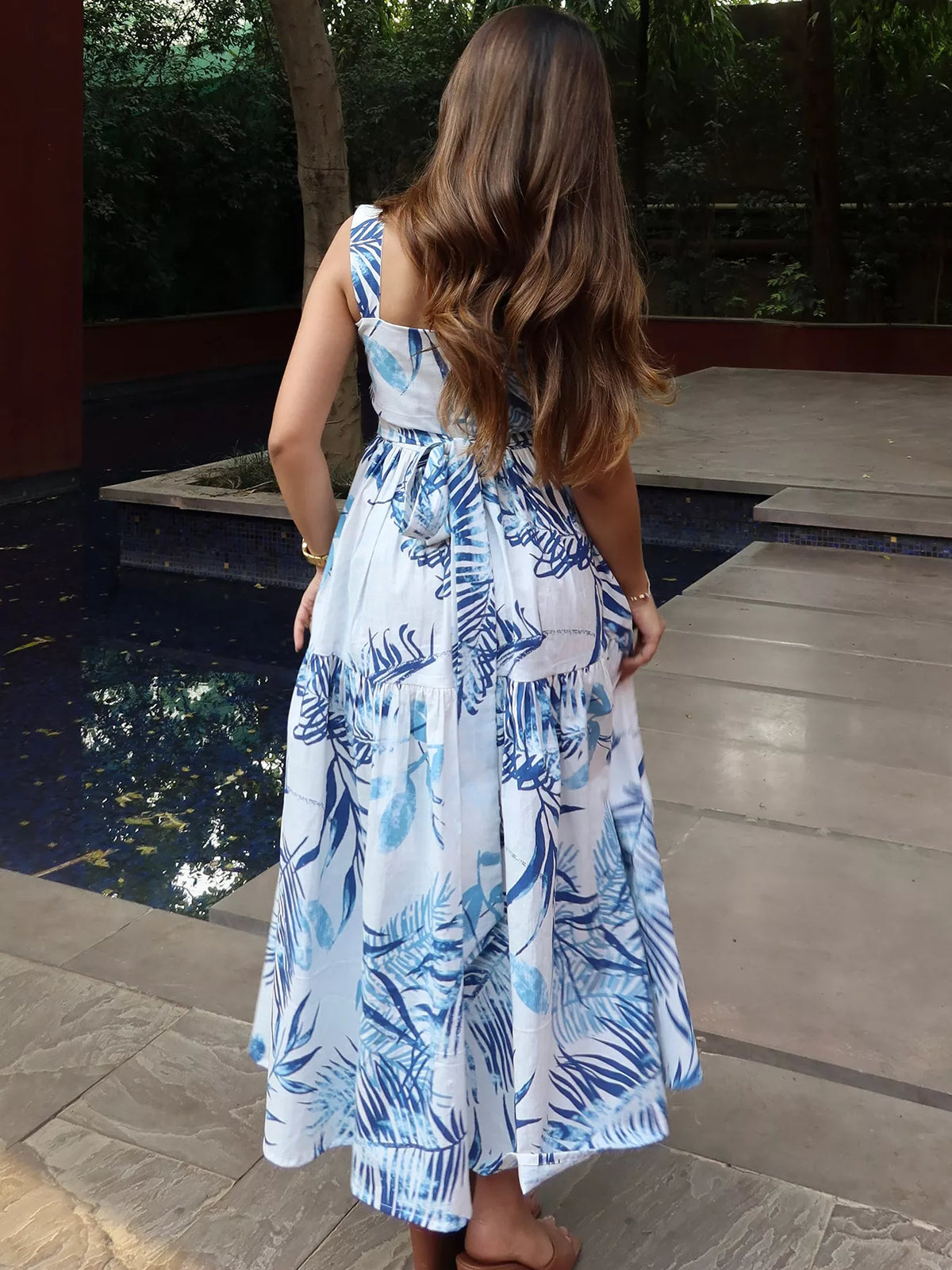 blue tropical print tiered lace maxi dress back view