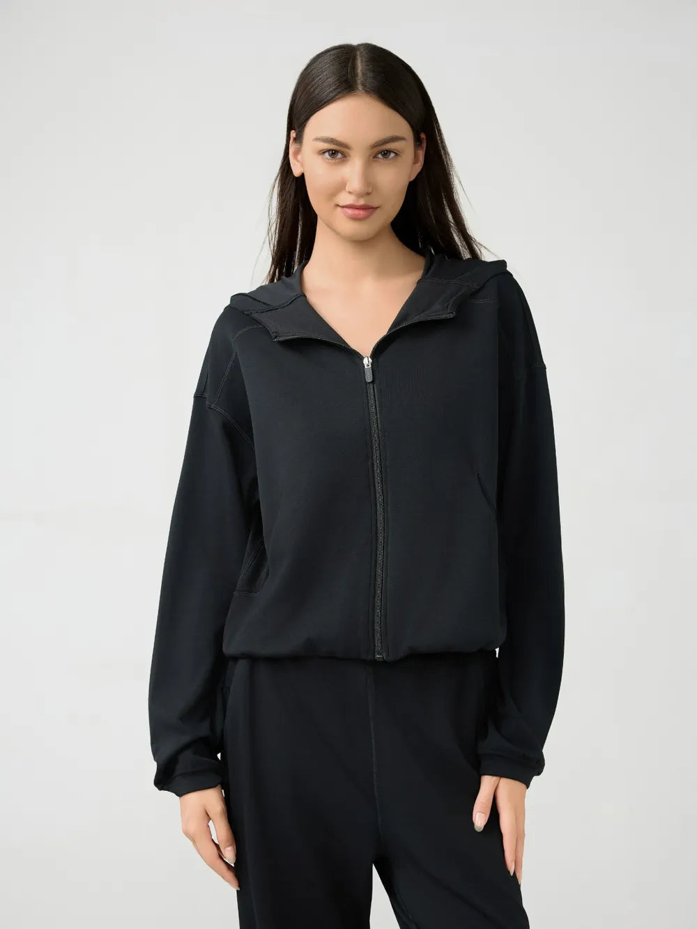 Millennia Zip Up Dropped Shouder Active Hooded Black - Fashorio
