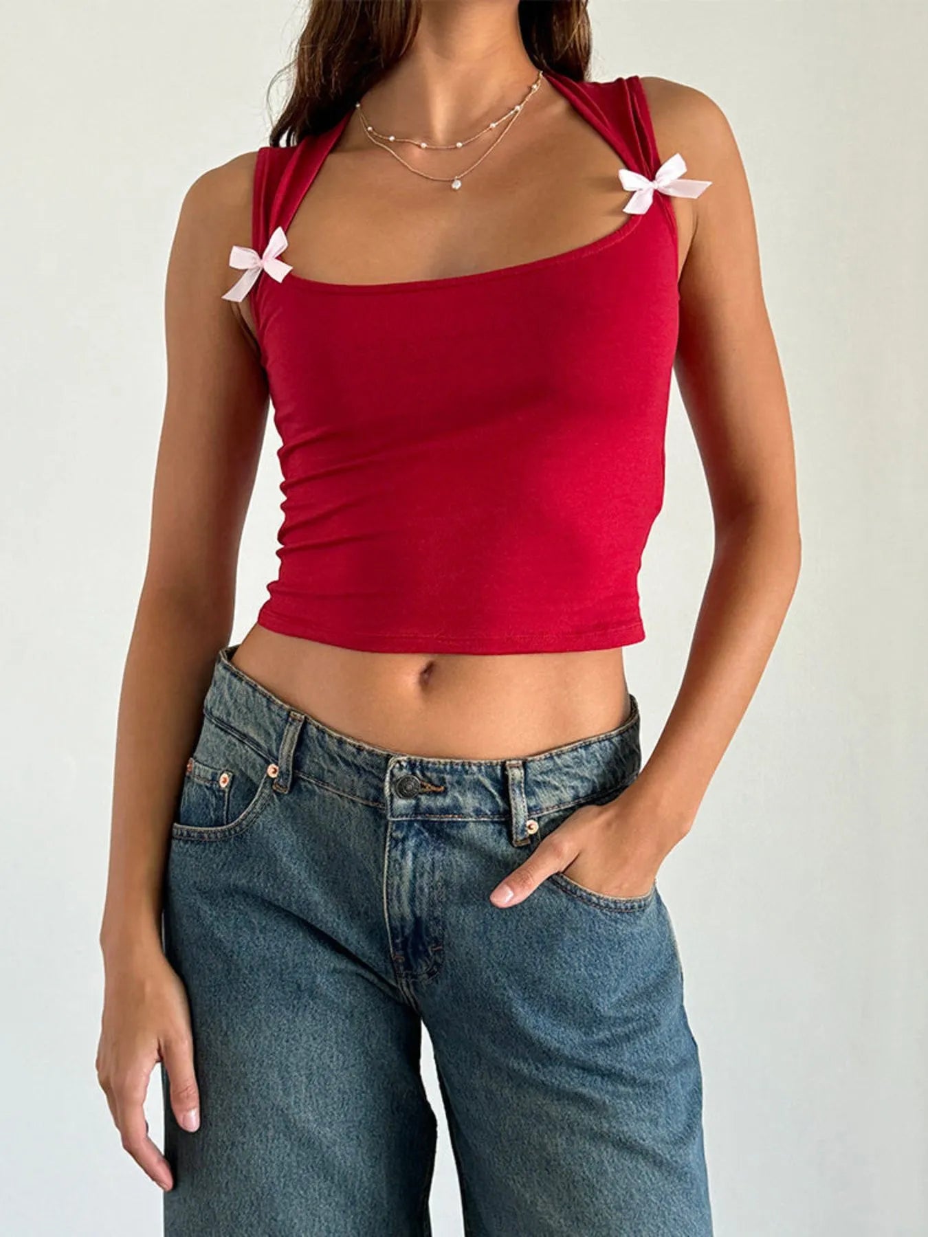 Bow Detail Square Neck Cropped Tank Scarlet - Fashorio