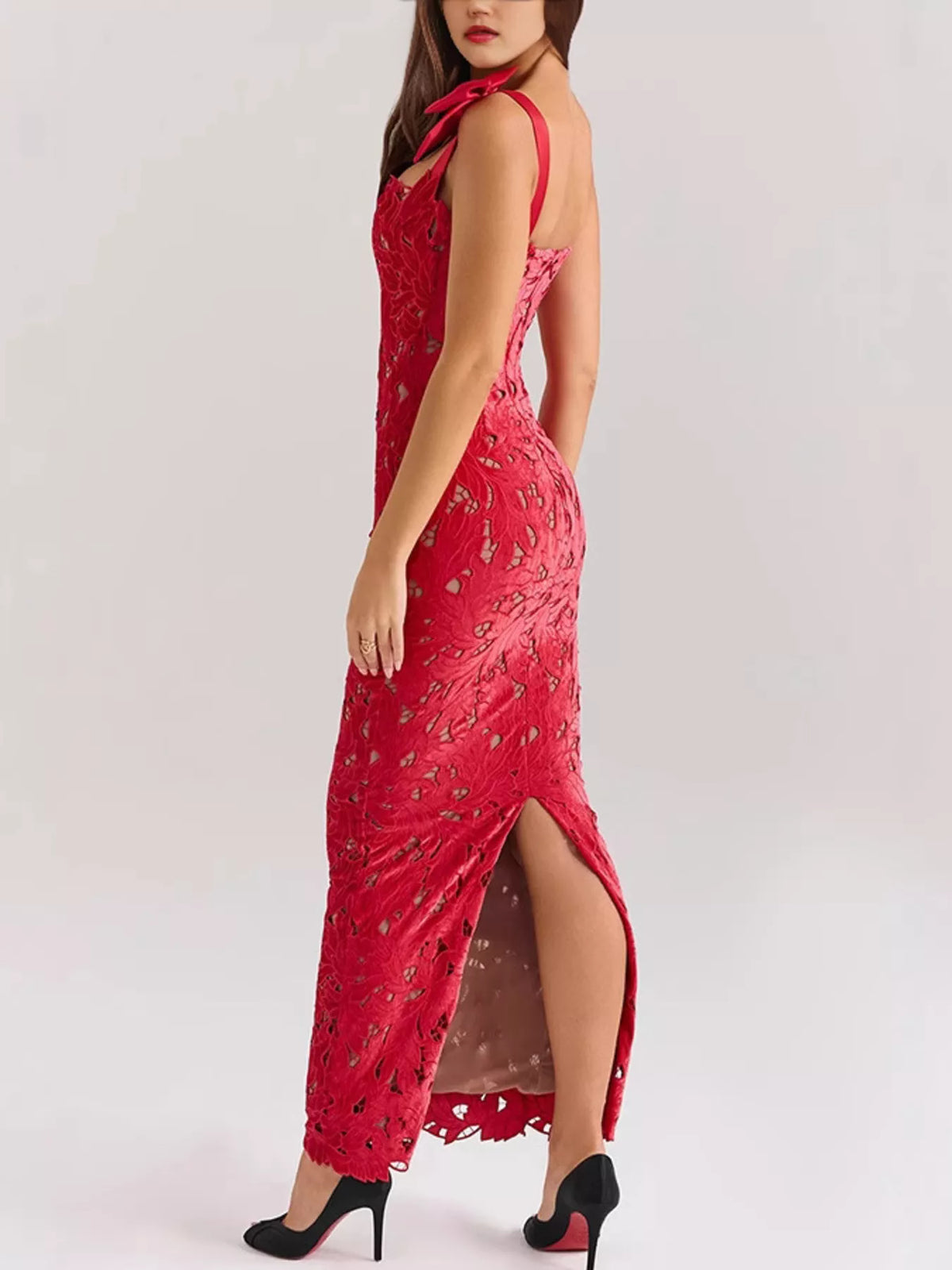 slit tie shoulder maxi dress fabric close up