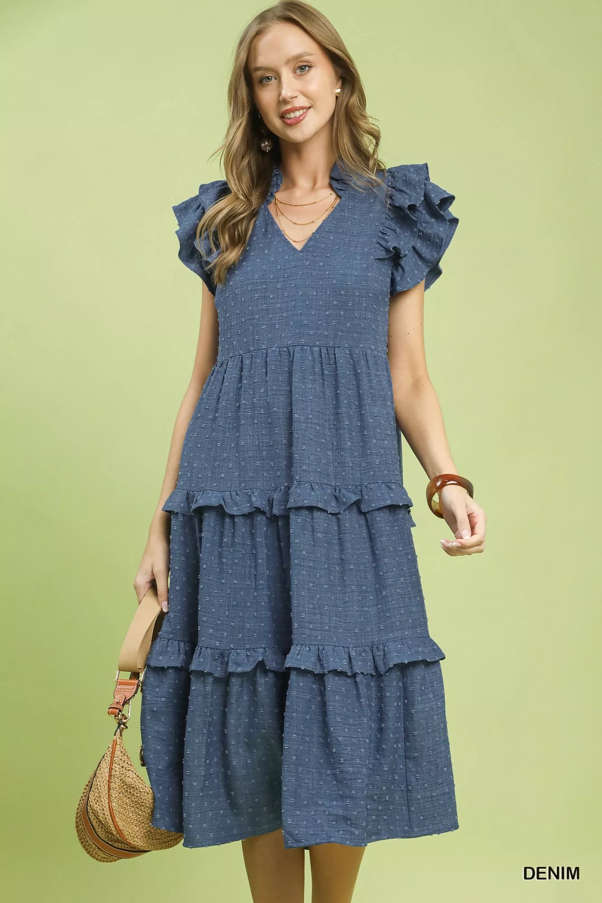 Umgee textured ruffle sleeve tiered midi dress front view