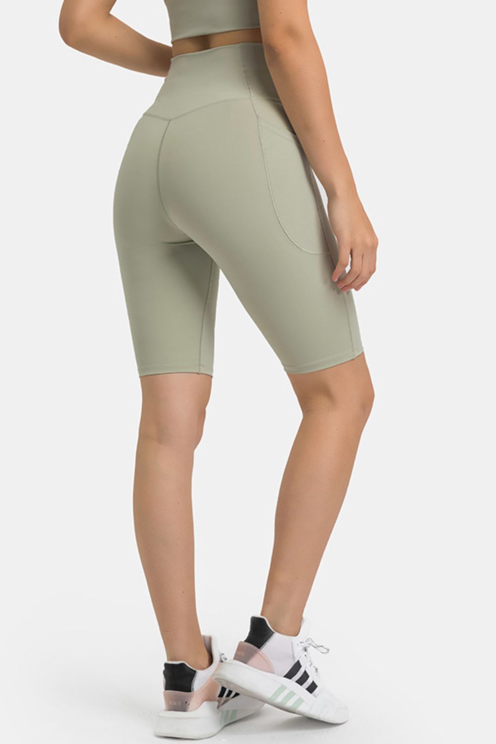 High waist biker shorts with pockets angled view