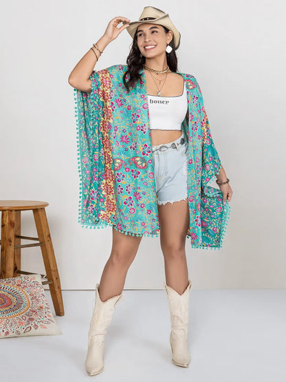 Plus Size Printed Open Front Cover-Up - Fashorio