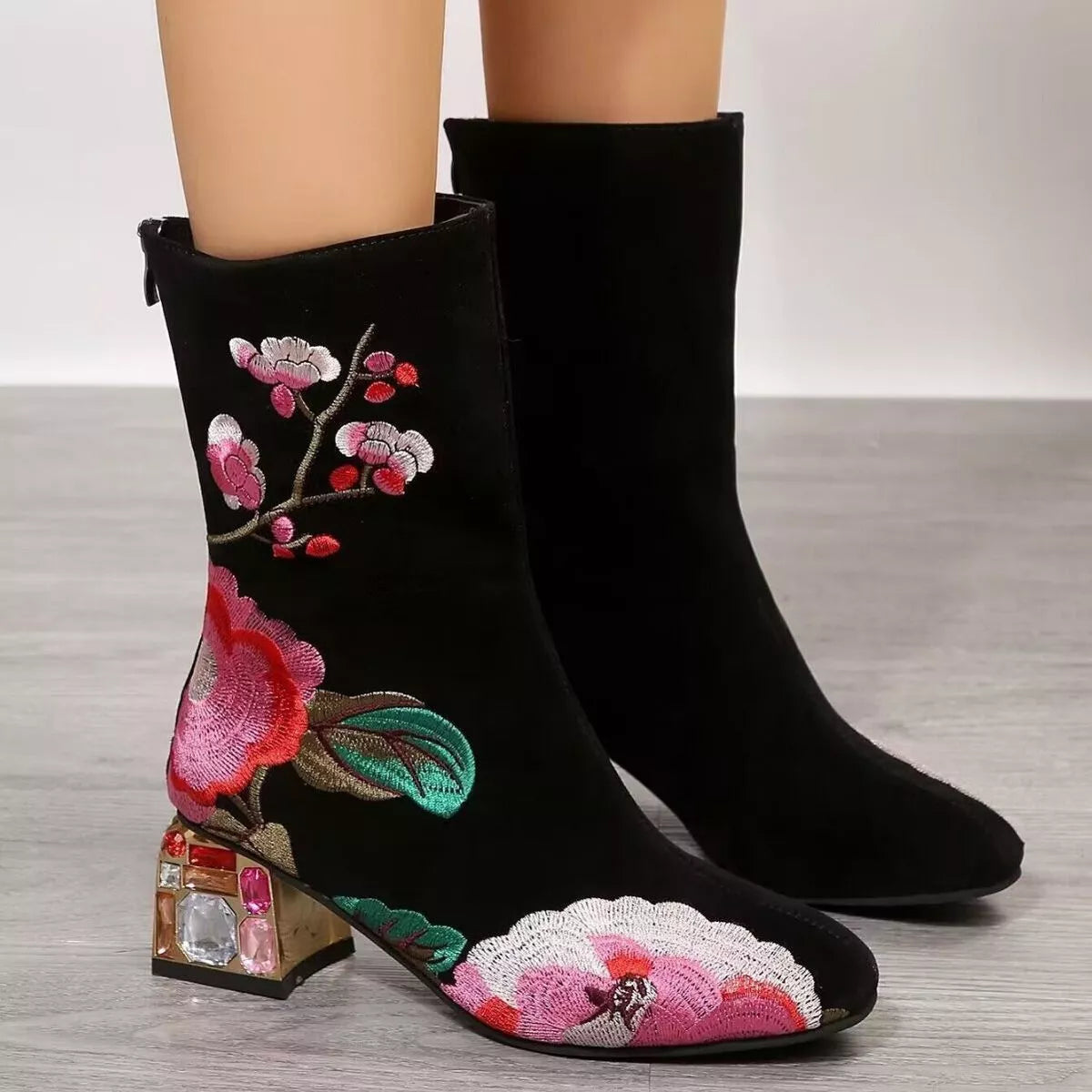 Floral embroidered rhinestone block heel boots front view