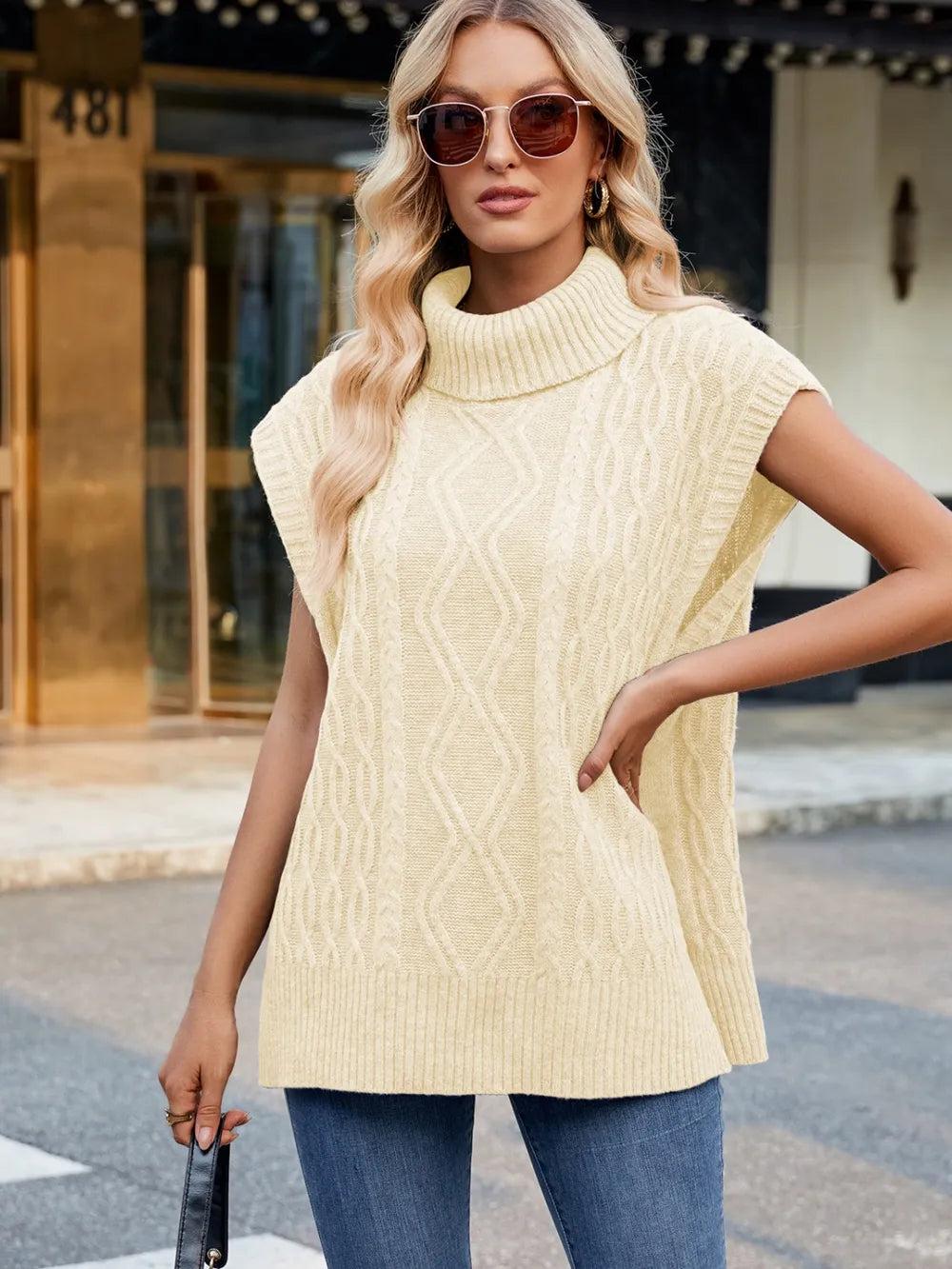 Side Slit Turtleneck Sweater Vest in Caramel view 9