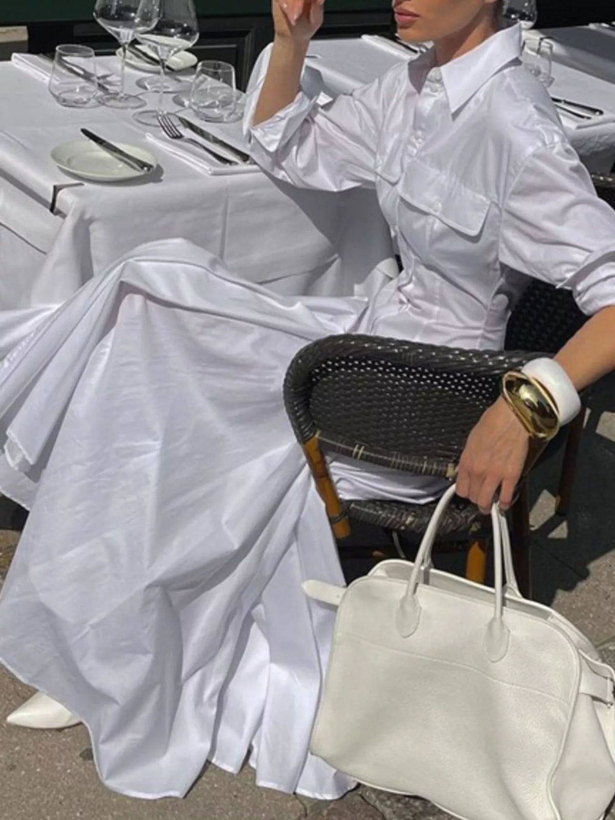 White button front long sleeve maxi shirt dress front view