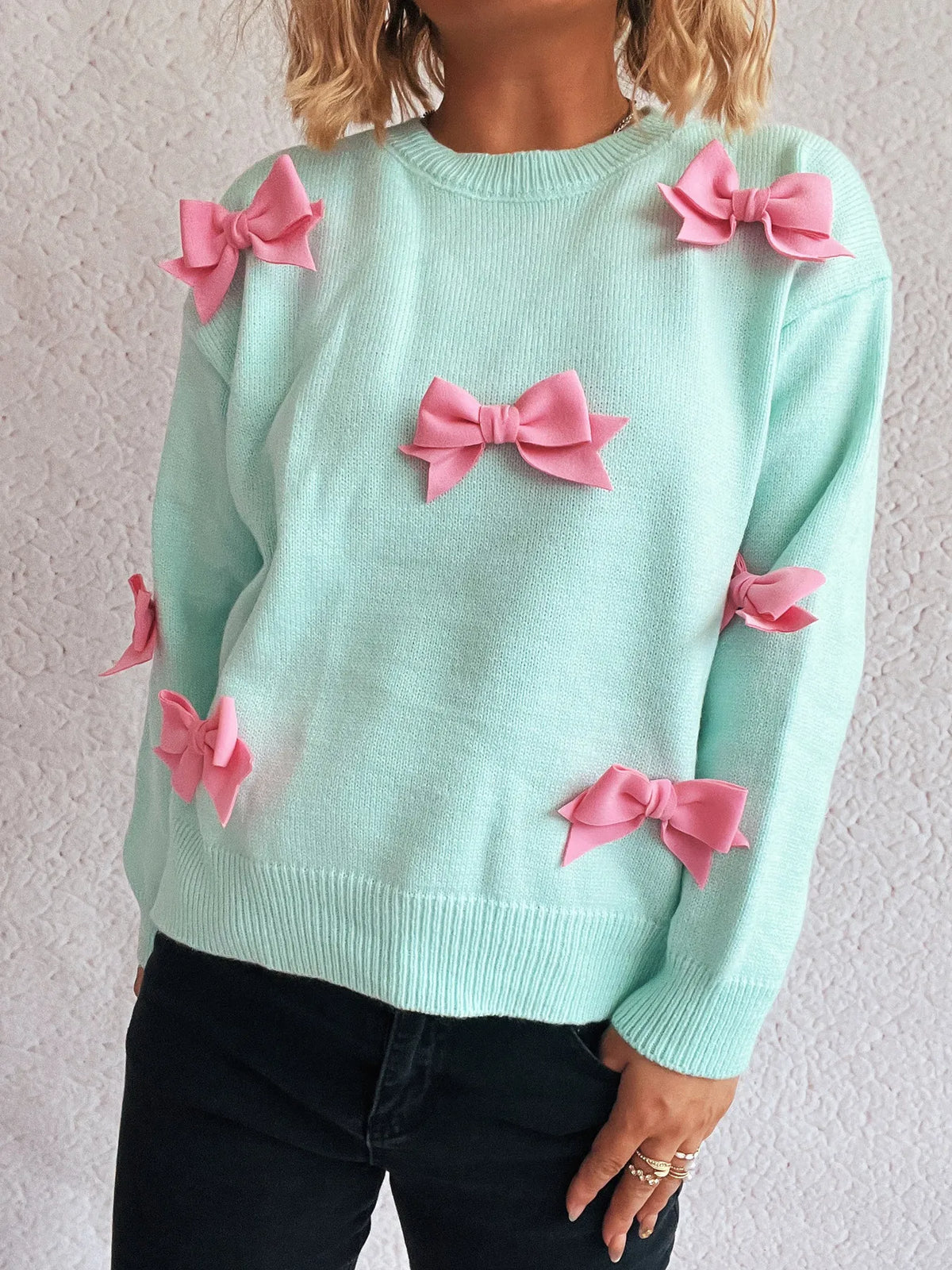 Bow round neck long sleeve sweater full length view