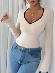 Contrast Trim Long Sleeve T-Shirt Beige - Fashorio