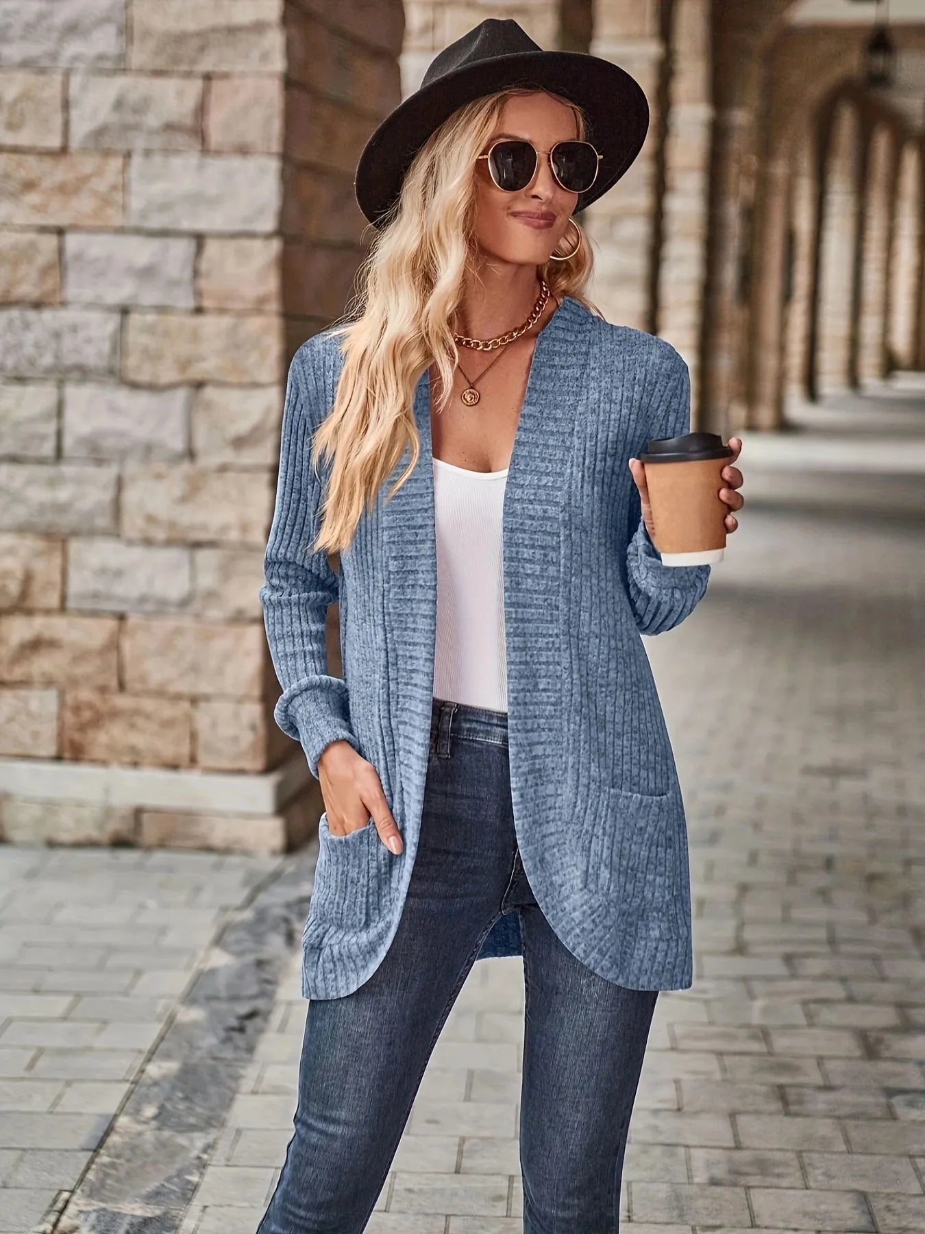 Ribbed Open Front Long Cardigan with Pockets - Fashorio
