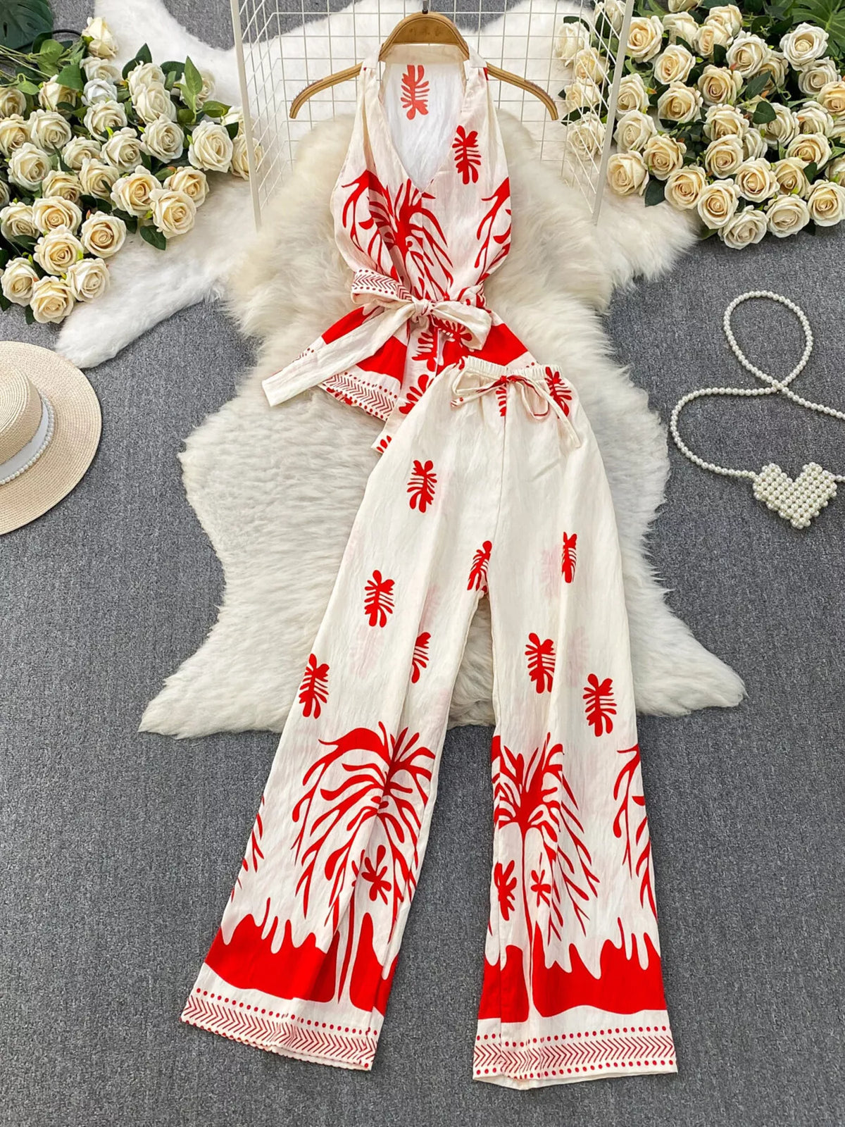 Sleeveless wide leg pants set back view