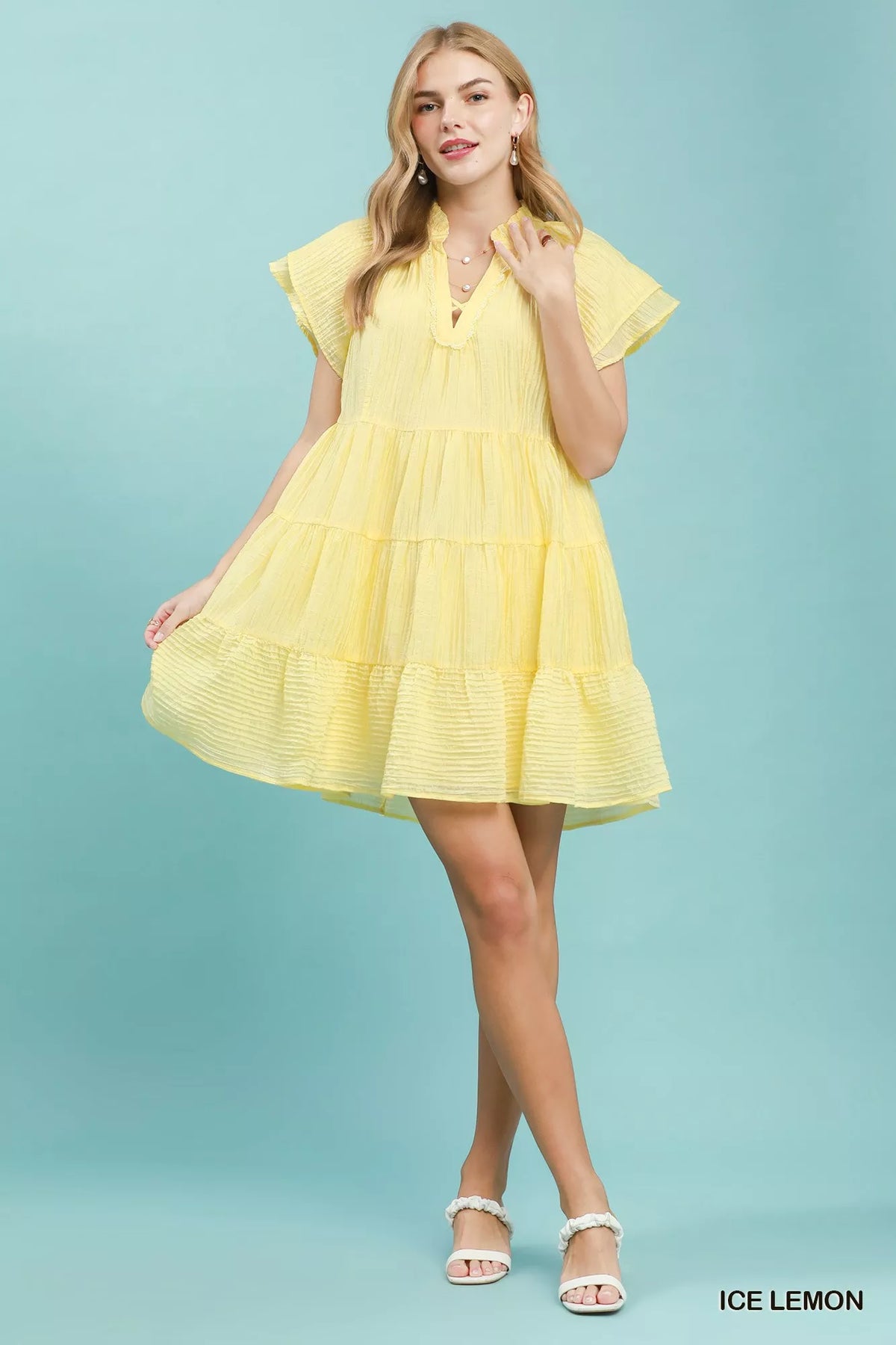 Ice lemon tiered ruffle sleeve mini dress sleeve detail view
