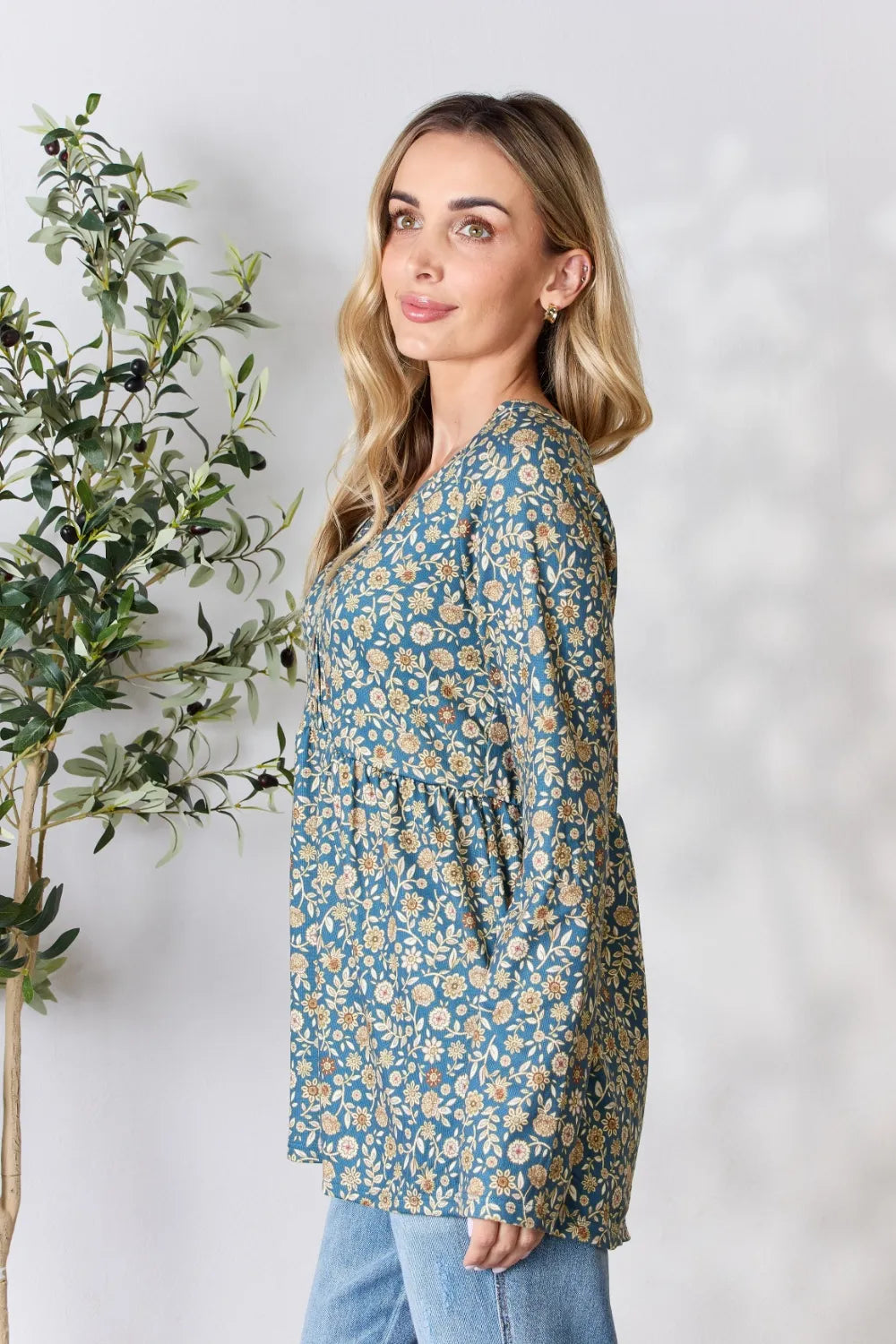 Heimish Full Size Floral Half Button Long Sleeve Blouse - Fashorio