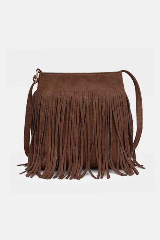 Suede Fringe Shoulder Bag Brown One Size - Fashorio