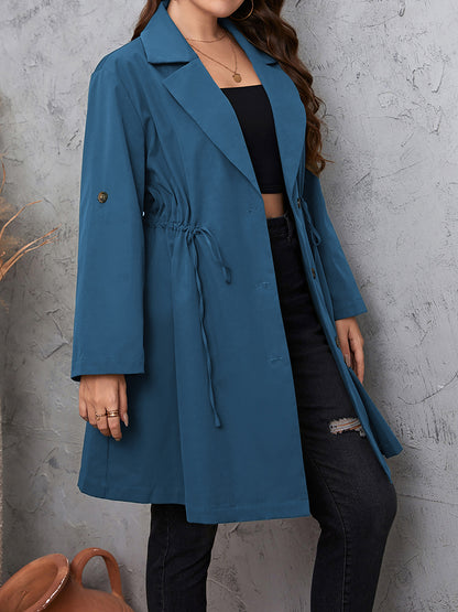 Honey Plus Size Lapel Collar Drawstring Roll-Tab Sleeve Trench Coat - Fashorio