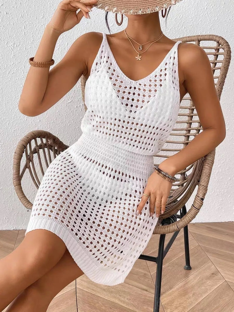 Crochet sleeveless openwork cover up dress front view