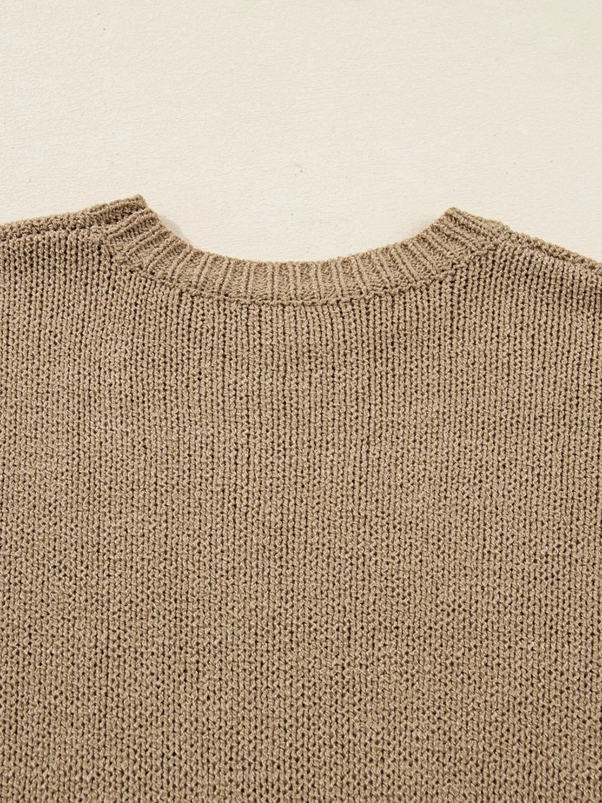camel oversize drop shoulder sweater dress neckline detail