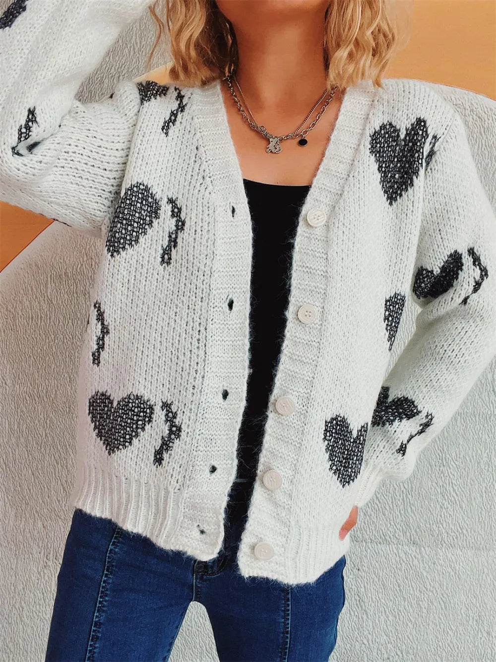 Heart Button Up Long Sleeve Cardigan - Fashorio
