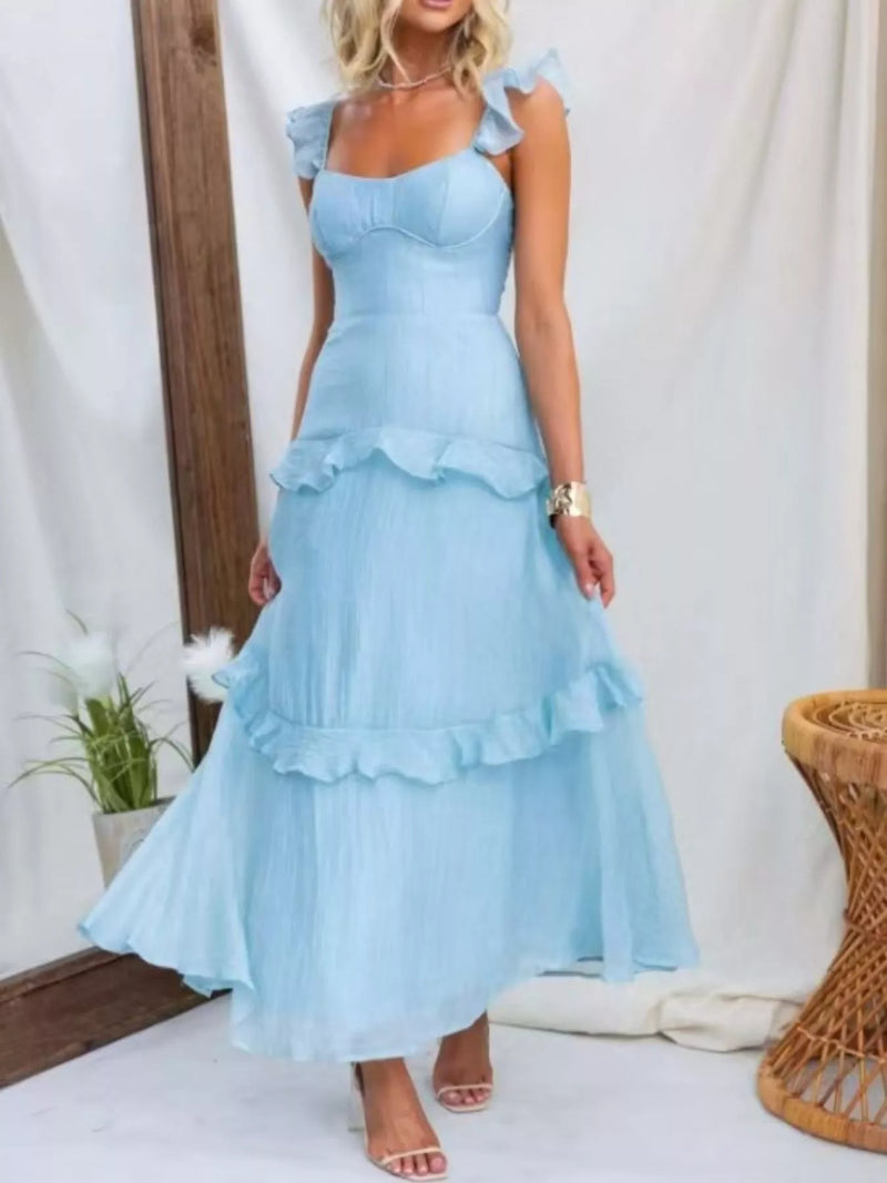 Ruffled lace up back maxi dress front view