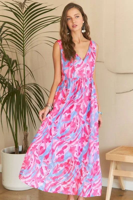 Abstract Floral V Neck Maxi Dress in Blush
