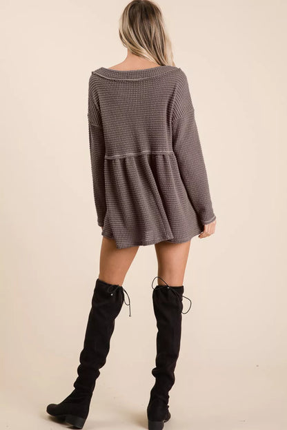 BiBi Waffle Knit V-Neck Babydoll Blouse - Fashorio