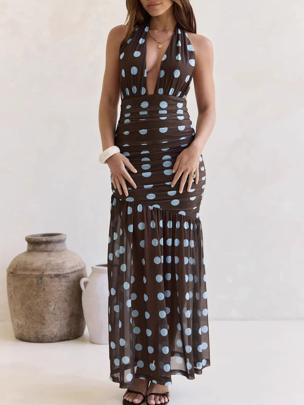 polka dot halter neck ruched maxi dress front view