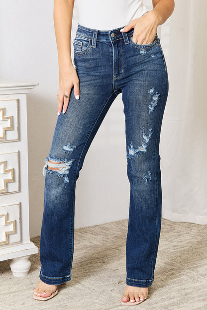 Judy Blue Mid Rise Hand Sand & Destroy Bootcut Jeans – Full Size - Fashorio