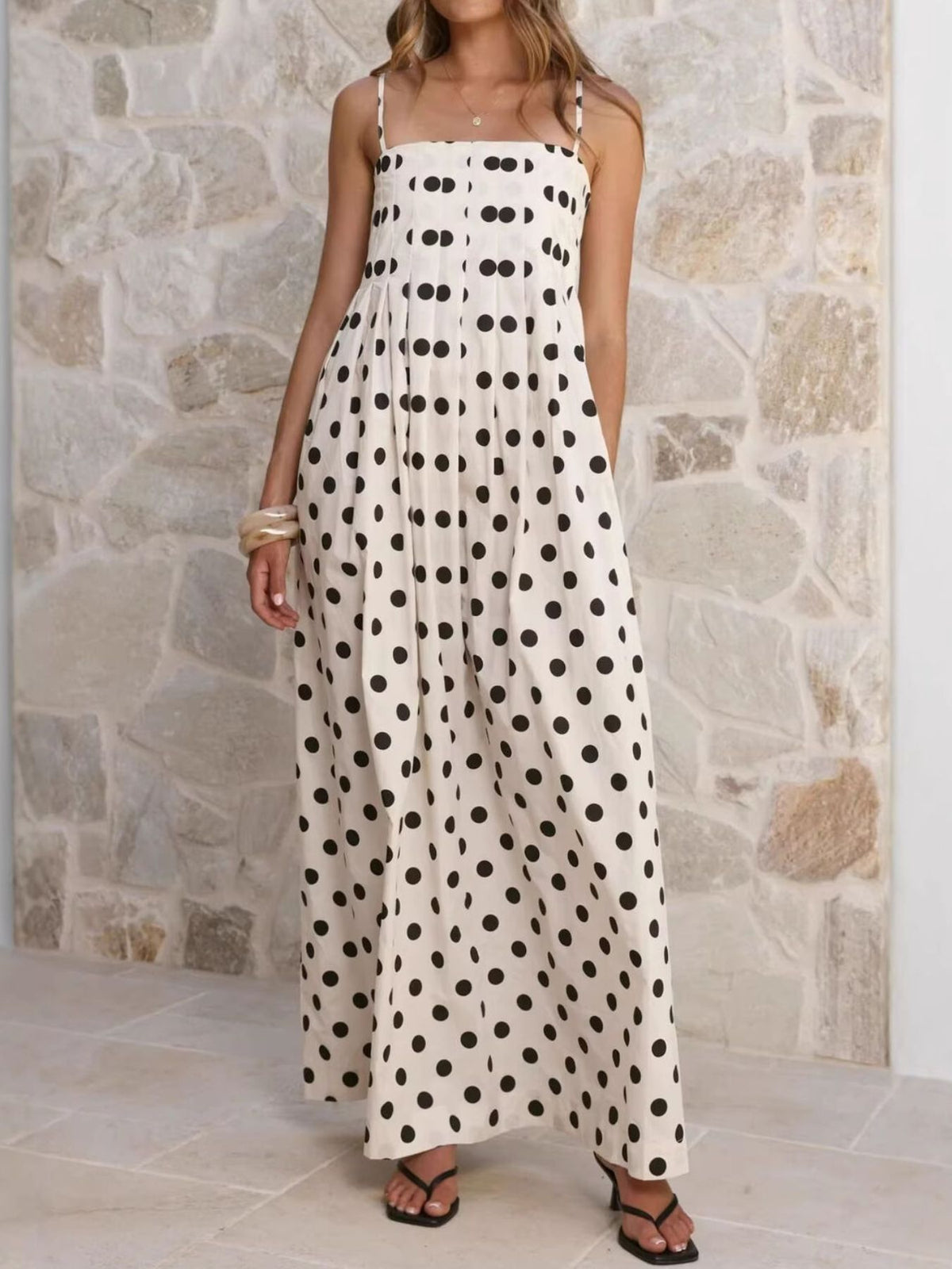 Polka dot smocked pleated maxi dress fabric detail