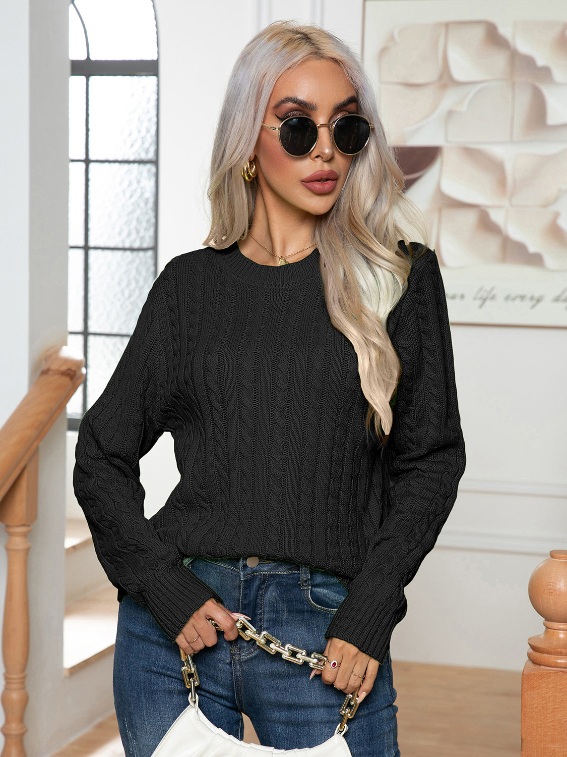 Cable-Knit Round Neck Long Sleeve Sweater - Fashorio